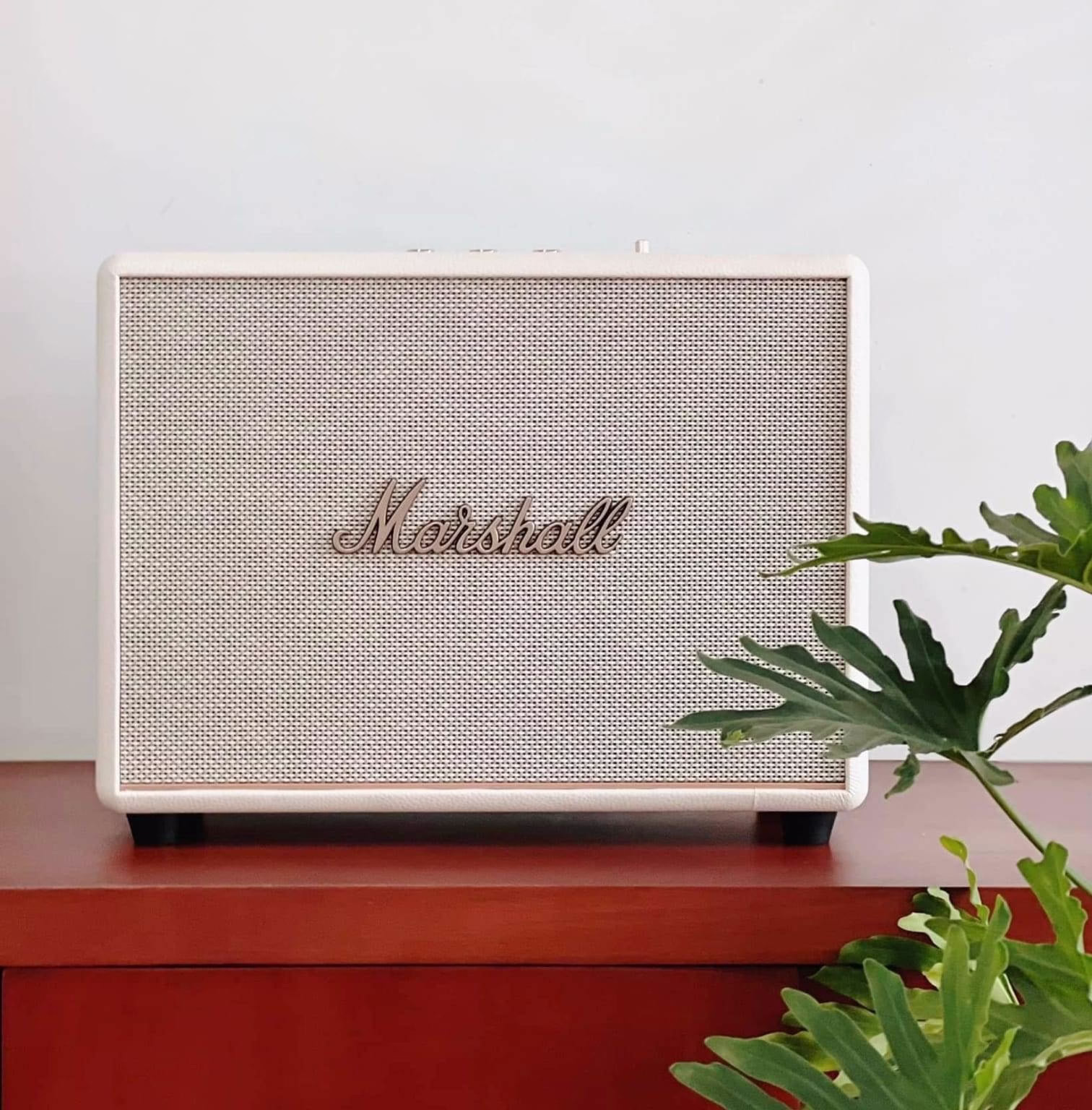 Marshall Woburn III Cream стоїть на дерев'яній тумбочці у вітальні